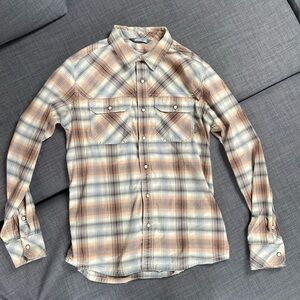 EUC Stio Western Plaid Pearl Snap Mens medium Brown Gray Cream